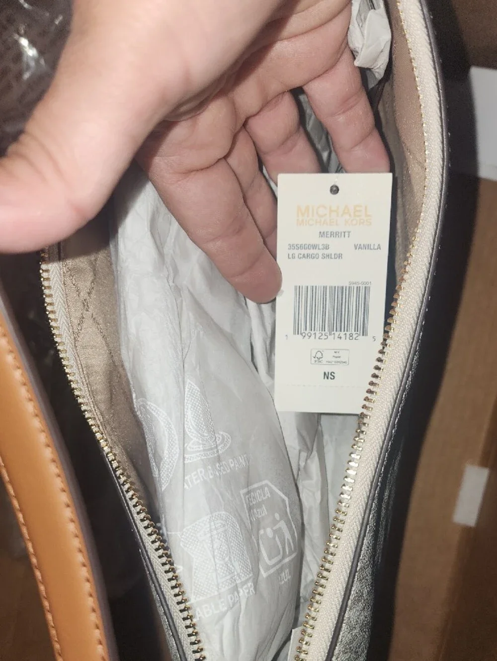 Michael Kors Cream MK Logo Shoulder Bag with Tan Trim